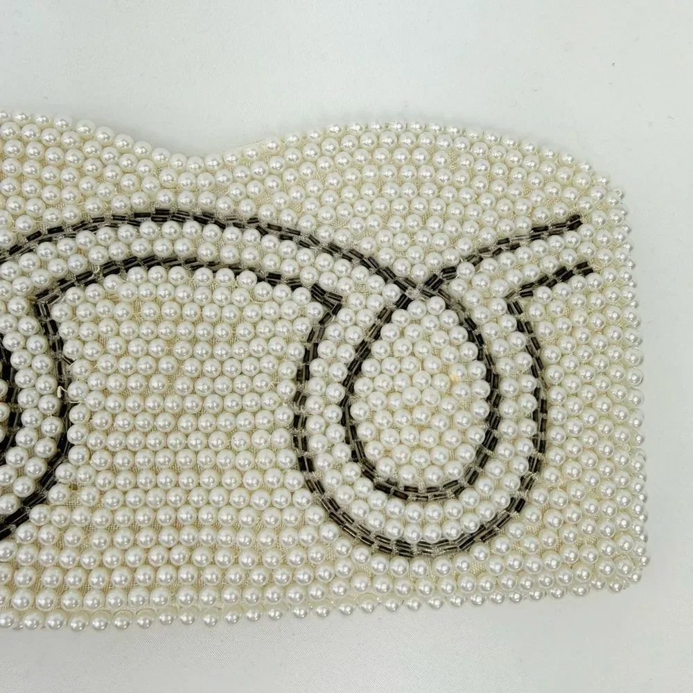 Vintage White Silver Pearl Beaded  Mini Clutch Bag